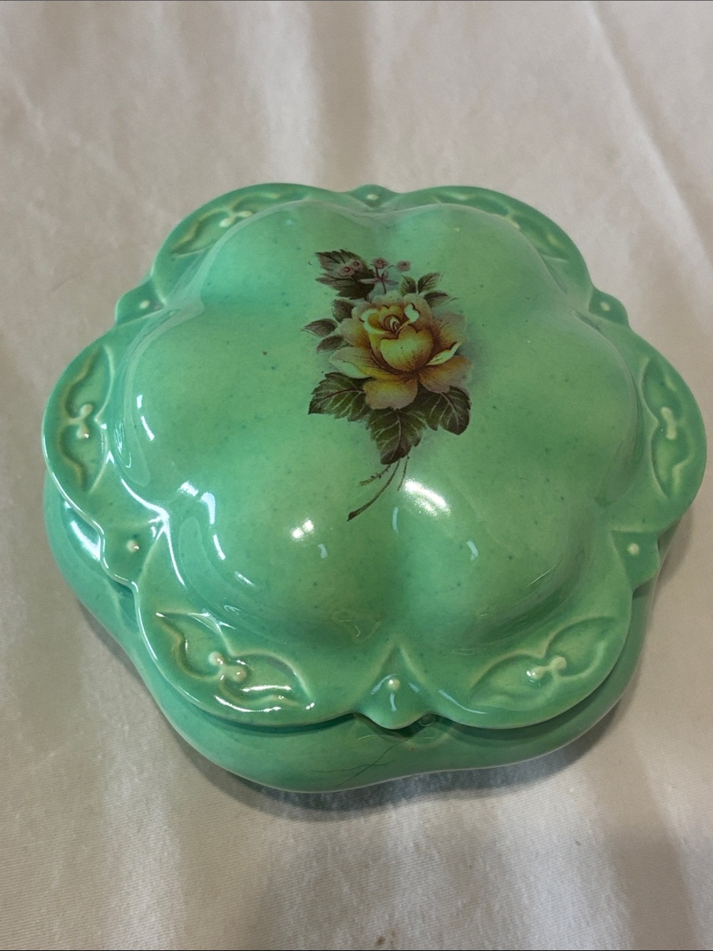 Green floral rose accented trinket box ceramic